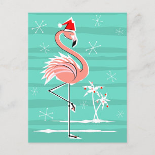 Weihnachts Flamingo Stripe aqua Rückseite Postkart Feiertagspostkarte