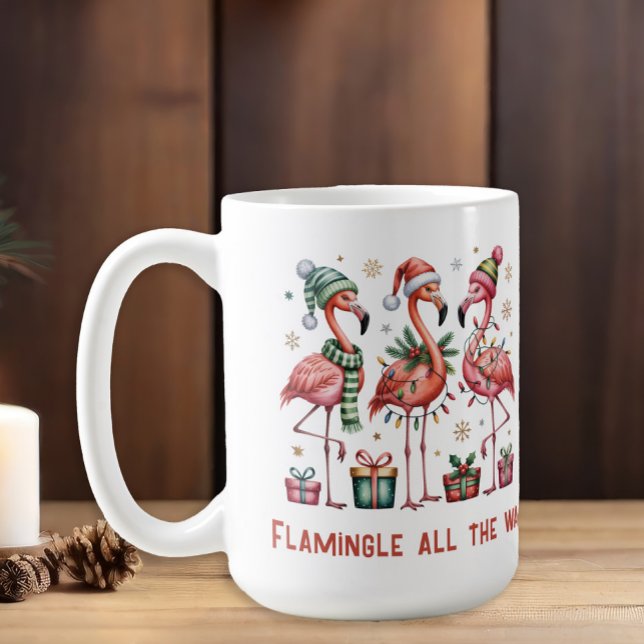 Weihnachts Flamingos Flamingle Kaffeetasse ("Flamingle all the way" funny three flamingos Christmas coffee mug)