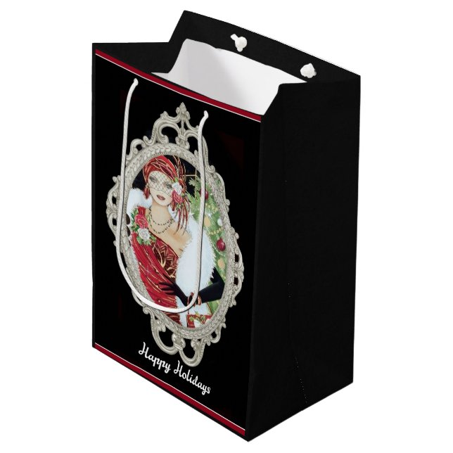 Weihnachts-Flapper-Girl-Dazzling Rot und Gold Mittlere Geschenktüte (Vorderseite Schrägansicht)