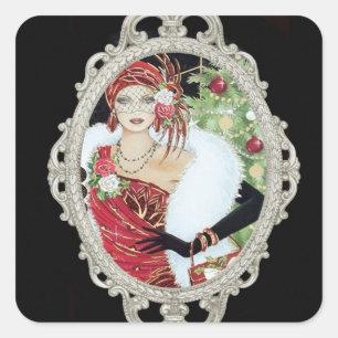 Weihnachts-Flapper-Girl-Dazzling Rot und Gold Quadratischer Aufkleber