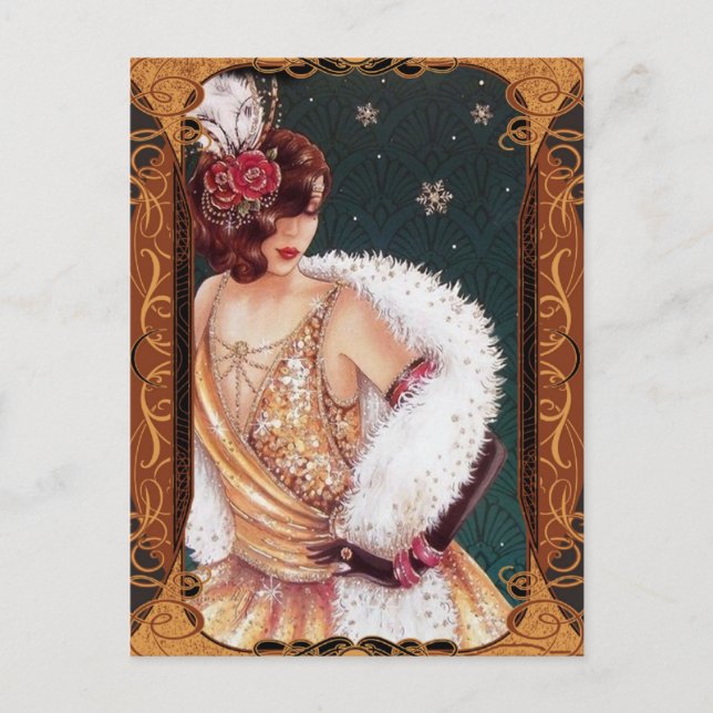 Weihnachts-Flapper-Girl in einem goldenen Glitterk Postkarte (Vorderseite)