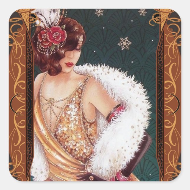 Weihnachts-Flapper-Girl in einem goldenen Glitterk Quadratischer Aufkleber (Vorderseite)