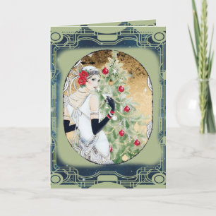 Weihnachts-Flapper-Girl mit Drink und Baum Feiertagskarte