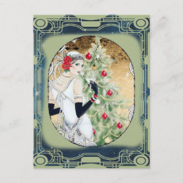 Weihnachts-Flapper-Girl mit Drink und Baum Postkarte