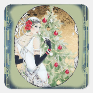 Weihnachts-Flapper-Girl mit Drink und Baum Quadratischer Aufkleber