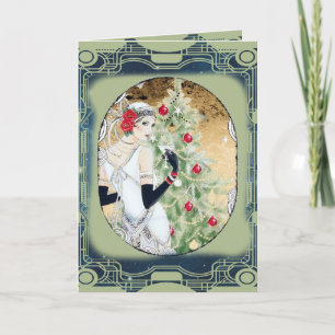 Weihnachts-Flapper-Girl mit Getränk und Baum Feiertagskarte