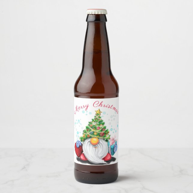 Weihnachts-Flaschen-Label-Gnome mit Geschenken Bierflaschenetikett (Vorderseite)