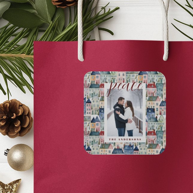 Weihnachts-Foto farbenfrohe Ferienhäuser Quadratischer Aufkleber (Von Creator hochgeladen)