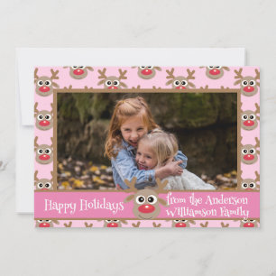 Weihnachts-Foto Girly Pink Niedlich Rentier-Muster Feiertagskarte