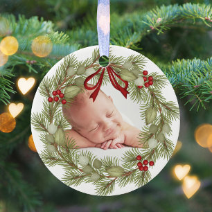 Weihnachts Foto Greenery Wreath Holly Berries Keramik Ornament