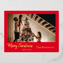 Weihnachts-Foto Gruß Einfaches Rotes Gold Folien Feiertagspostkarte