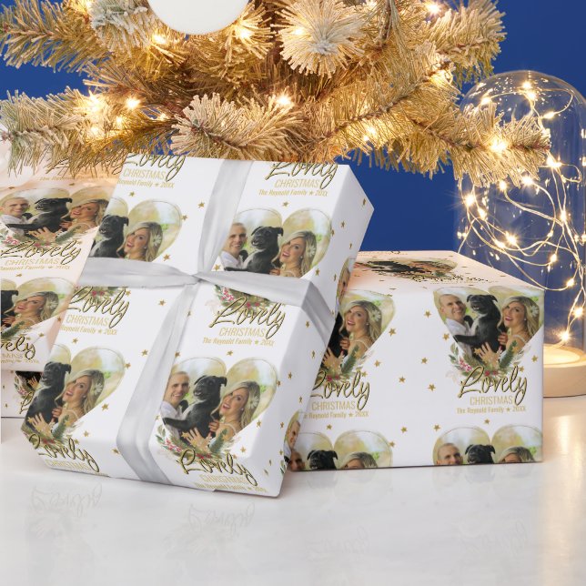 Weihnachts-Foto Herz Gold Glitzer Stars Lieblich Geschenkpapier (Feiertage)