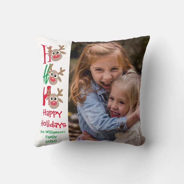 Weihnachts-Foto Ho Ho Ho Cartoon Reindeer White Kissen (Rückseite)