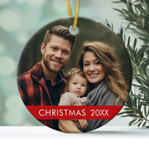 Weihnachts-Foto Moderner Minimaler Roter Streifen Keramikornament