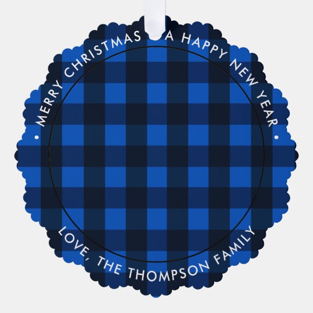 Weihnachts-Foto Modernes Round Blue Buffalo Karier Ornament Karte (Vorderseite)