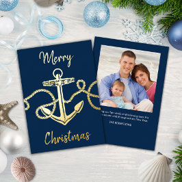 Weihnachts-Foto Nautical Anchor Navy Gold Folien Feiertagskarte