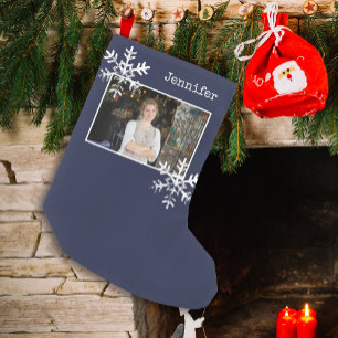 Weihnachts-Foto Navy Blauer Schneeflocken Kleiner Weihnachtsstrumpf