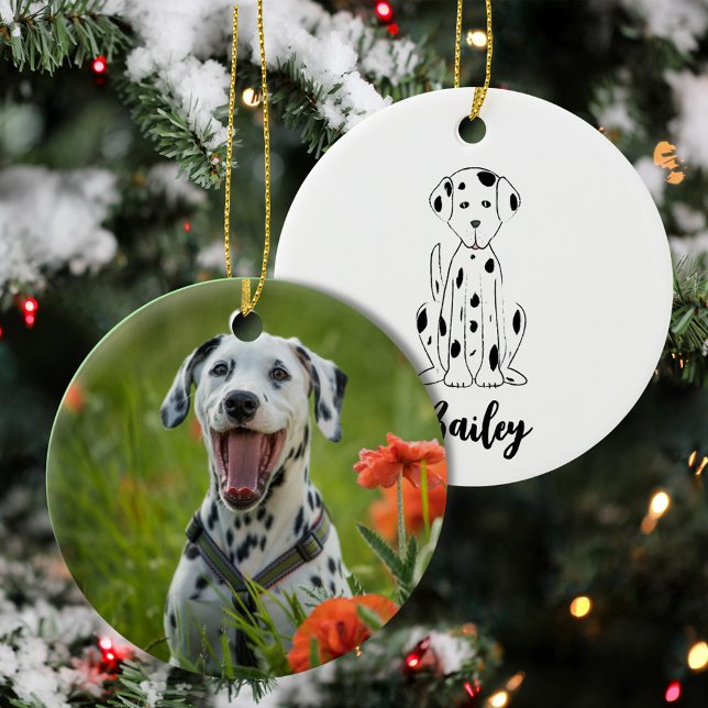 Weihnachts-Foto Niedlich Welpe Hund Dalmatiner Url Keramik Ornament (Cute white poodle puppy Christmas ornament with personalized pet photo holiday design.)
