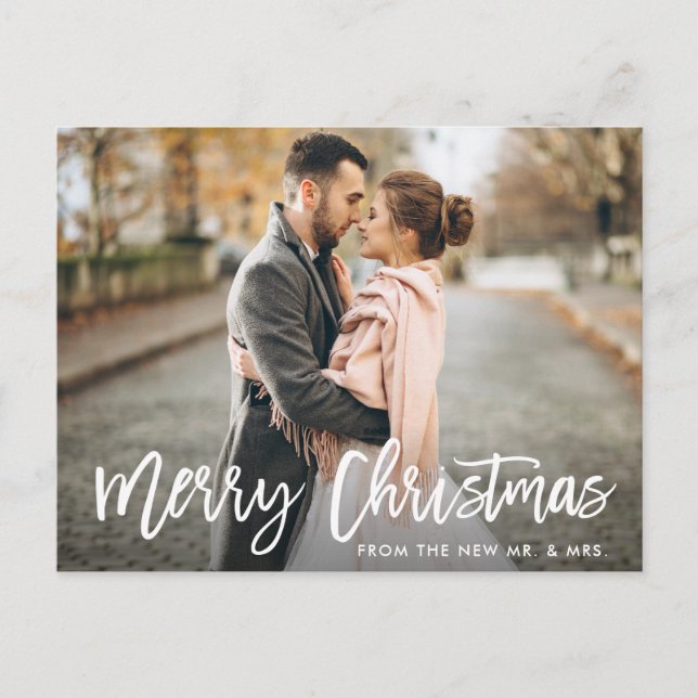 Weihnachts-Foto Pinselschrift Neu Mr. und Mrs. Postkarte (Vorderseite)
