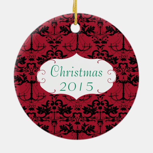 Weihnachts-Foto Red Chandelier Damask Keramik Ornament (Hinten)