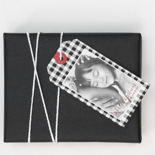Weihnachts-Foto Schwarz-weiß Kariert Gingham Patte Geschenkanhänger