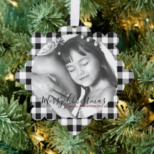 Weihnachts-Foto Schwarz-weiß Kariert Gingham Patte Ornament Karte