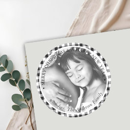 Weihnachts-Foto Schwarz-weiß Kariert Gingham Patte Runder Aufkleber