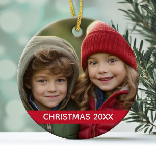 Weihnachts-Foto und Jahr Moderner Minimaler Roter Keramik Ornament