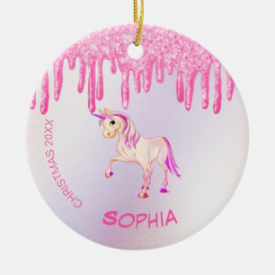 Weihnachts-Foto Unicorn Rosa Glitzer Girly Keramik Ornament