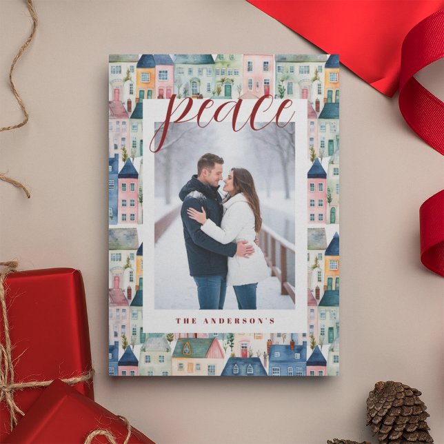 Weihnachts-Foto Wasserfarbige Häuser Rot Feiertagskarte (Von Creator hochgeladen)