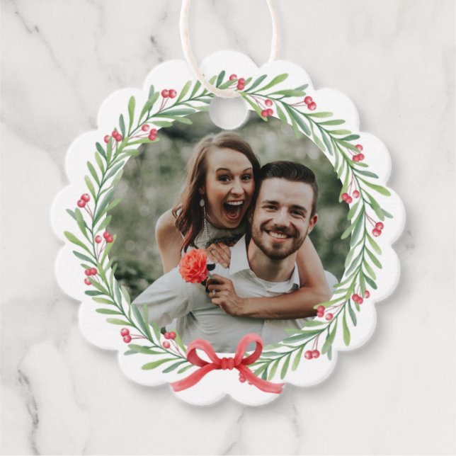 Weihnachts-Foto Wreath Christmas Wunsche Familie Geschenkanhänger (Vorderseite)