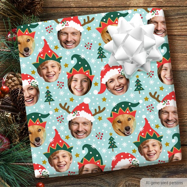 Weihnachts FotoCollage Funny Funny Face Blau Geschenkpapier (Von Creator hochgeladen)