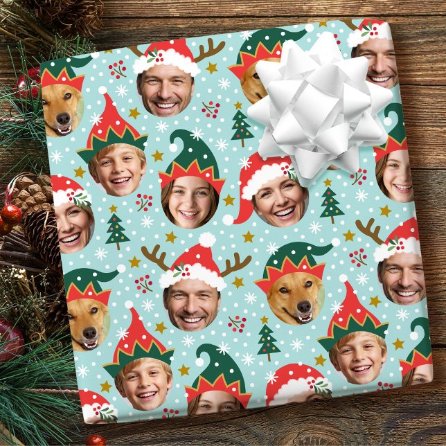 Weihnachts FotoCollage Funny Funny Face Blau Geschenkpapier (Von Creator hochgeladen)