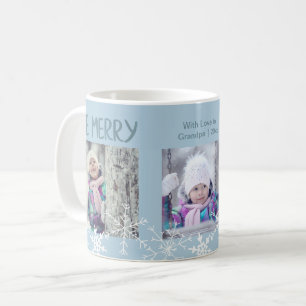 Weihnachts-Fotocollage Seid Fröhlich Schneeflocken Kaffeetasse