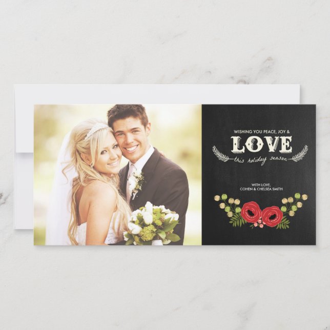 Weihnachts-Fotokarte | Khalkboard Floral Feiertagskarte (Vorderseite)