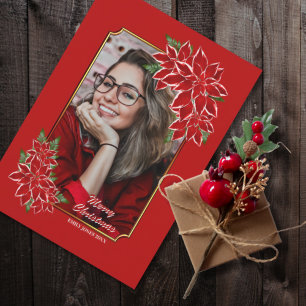 Weihnachts-Fotokarte Rote Poinsettia Rote Grenze Feiertagskarte