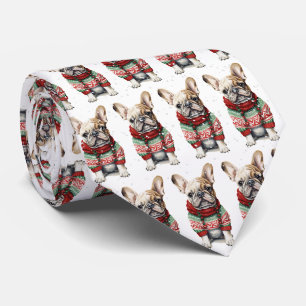 Weihnachts-Französische-Bulldogge in Schneeflocken Krawatte