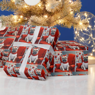 Weihnachts Französischer Bulldog auf einem roten S Geschenkpapier