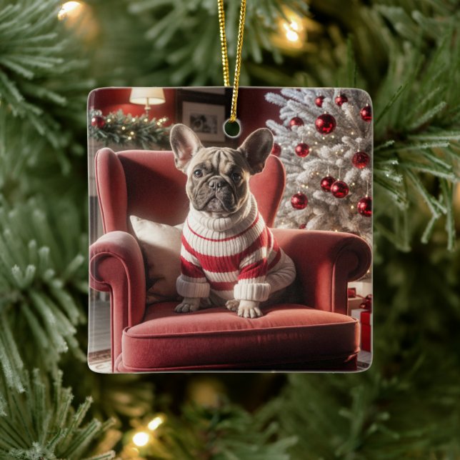 Weihnachts Französischer Bulldog auf einem roten S Keramikornament (Baum)