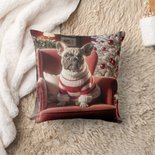 Weihnachts Französischer Bulldog auf einem roten S Kissen