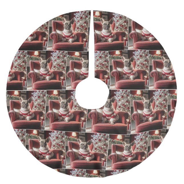 Weihnachts Französischer Bulldog auf einem roten S Polyester Weihnachtsbaumdecke (Vorderseite)