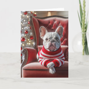 Weihnachts Französischer Bulldog auf rotem Stuhl Karte