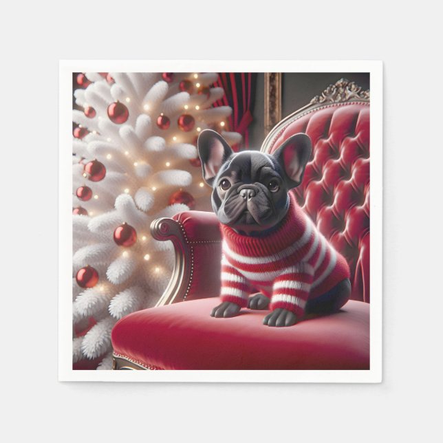 Weihnachts Französischer Bulldog auf rotem Stuhl Serviette (Vorderseite)