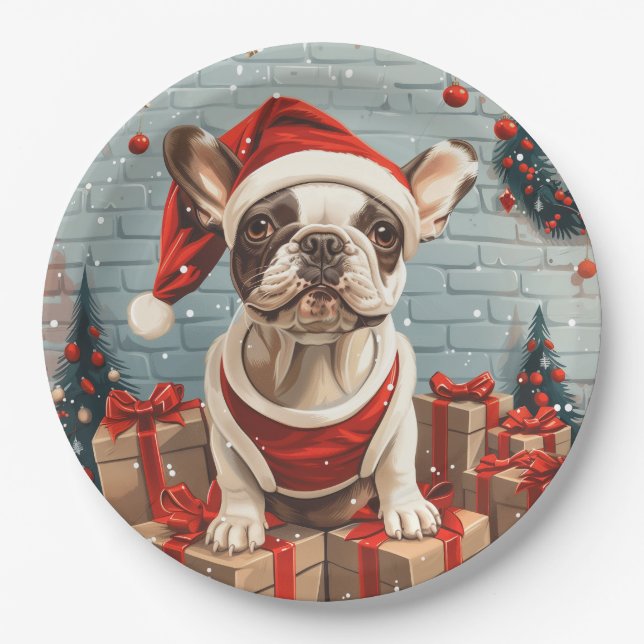 Weihnachts Französischer Bulldog Santa Dog Pappteller (Vorderseite)