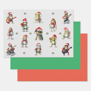 Weihnachts-Frosch-Rock-Band und Solids Green & Red Geschenkpapier Set