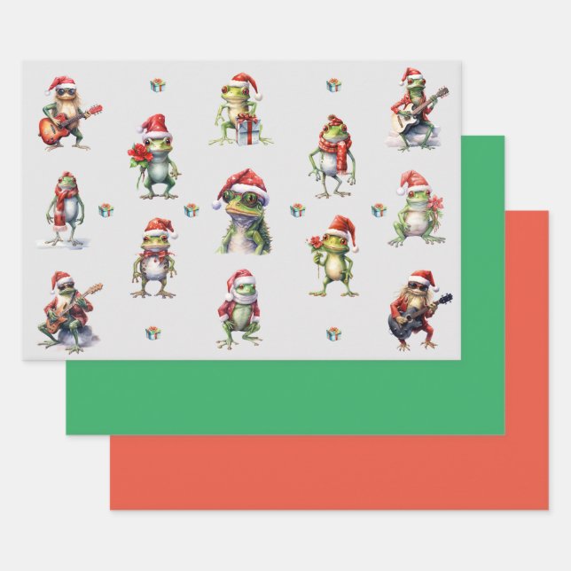 Weihnachts-Frosch-Rock-Band und Solids Green & Red Geschenkpapier Set (Set)