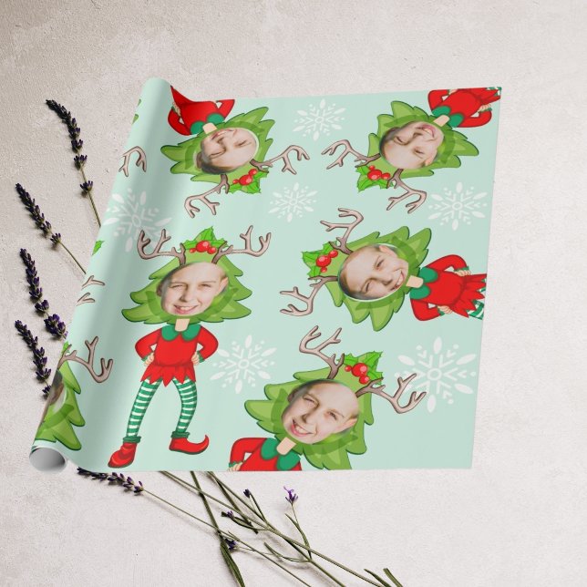 Weihnachts Funny Custom Face Foto Santa's Elf Gesc Geschenkpapier (Von Creator hochgeladen)
