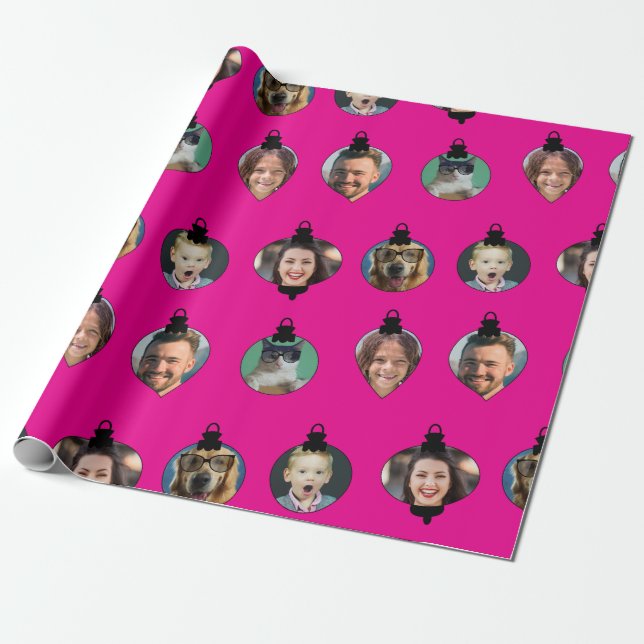 Weihnachts Funny Family Foto Faces Ornamente Rosa Geschenkpapier (Ungerollt)