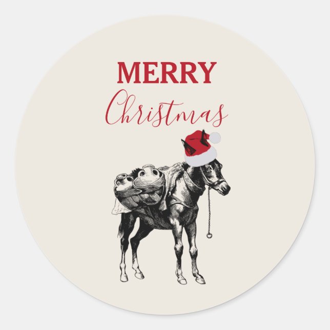 Weihnachts Funny Vintag Donkey Weihnachtsmannmütze Runder Aufkleber (Vorderseite)