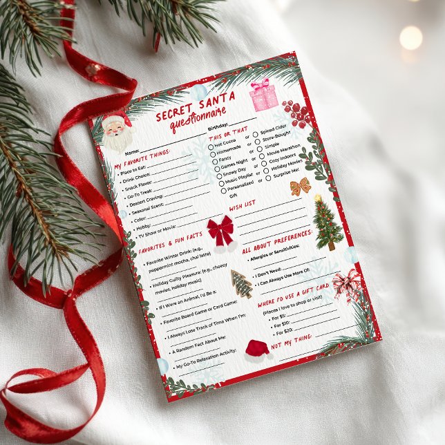 Weihnachts-Geheim-Santa-Fragebogen Flyer (Red Christmas Winter Secret Santa Questionnaire Flyer)